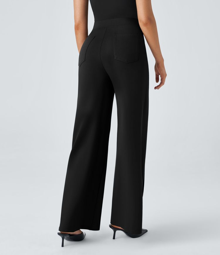 High Waisted Button Pocket Wide Leg Work Pants