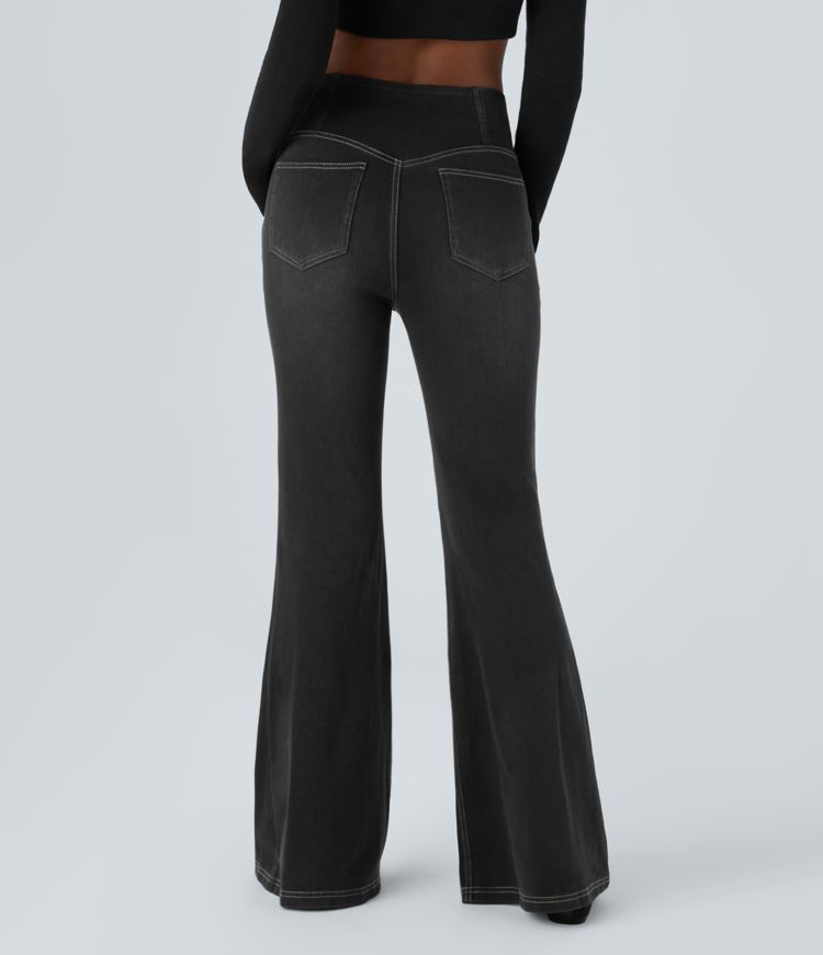 Halara Flex™ Jean Évasé à Taille Haute avec Poche Crossover Tissu Élastique Lavé
