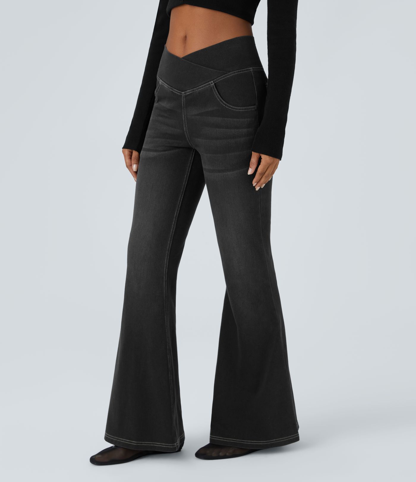 Halara Flex™ Jean Évasé à Taille Haute avec Poche Crossover Tissu Élastique Lavé