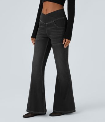 Halara Flex™ Jean Évasé à Taille Haute avec Poche Crossover Tissu Élastique Lavé