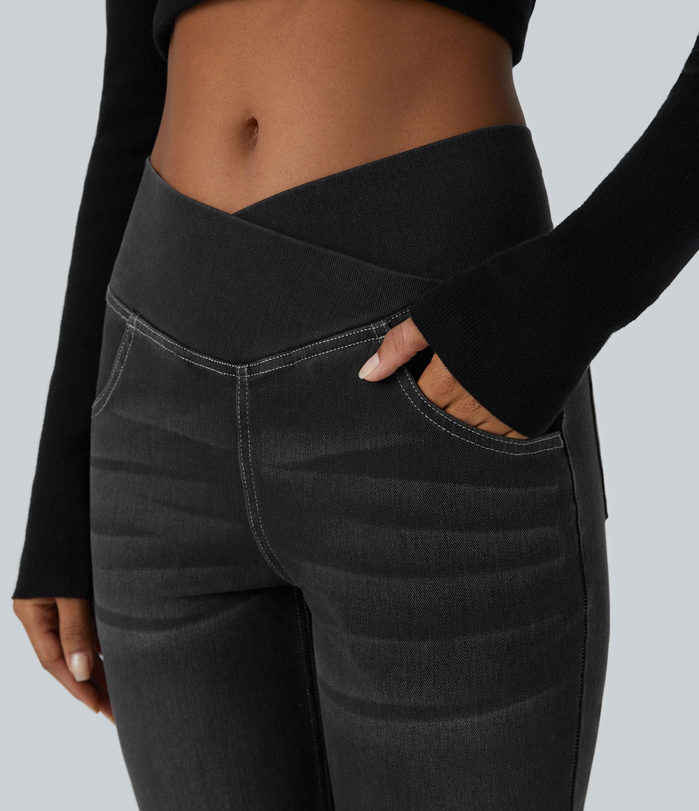 Halara Flex™ Jean Évasé à Taille Haute avec Poche Crossover Tissu Élastique Lavé
