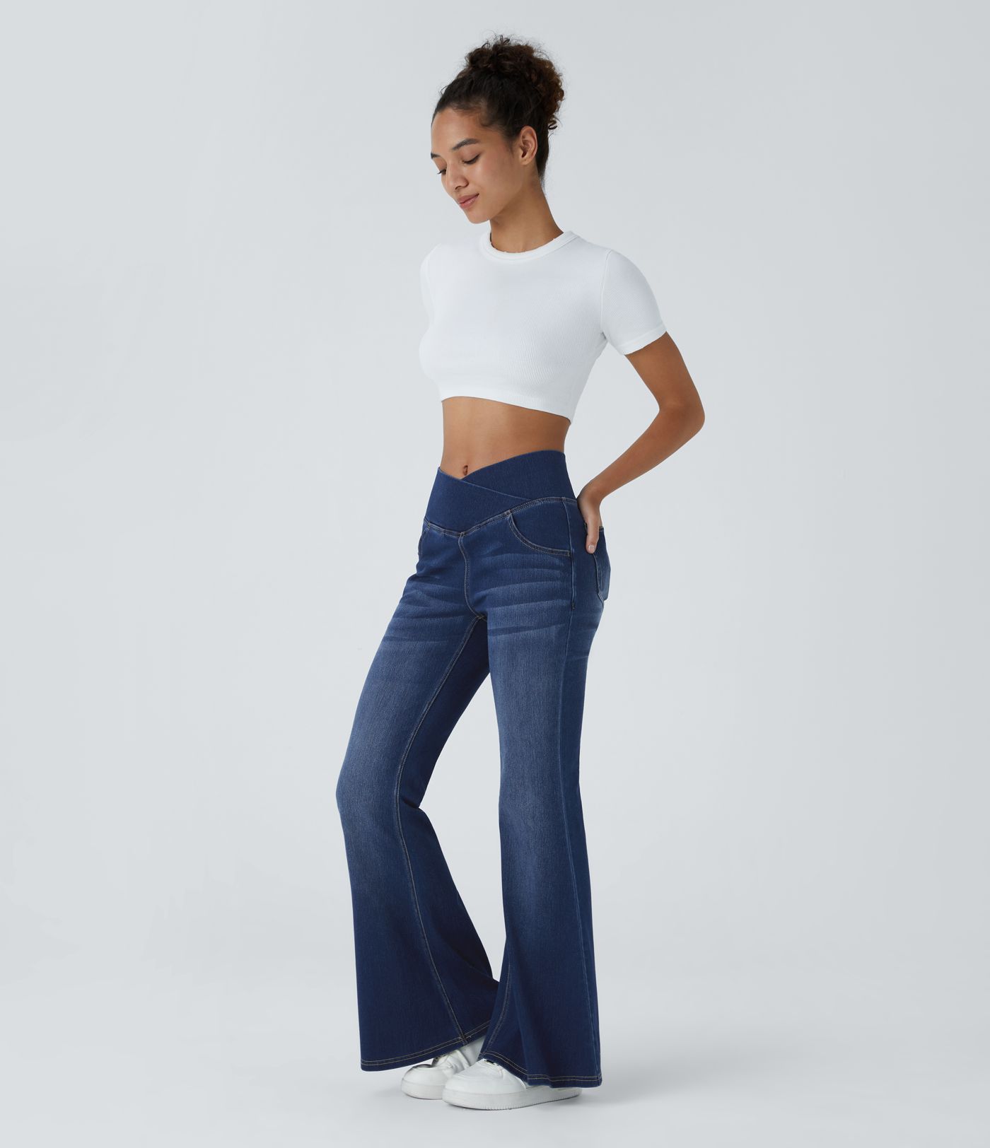 Halara Flex™ High-Rise Crossed Elastic Flare Denim Jeans in Bleached with Pockets