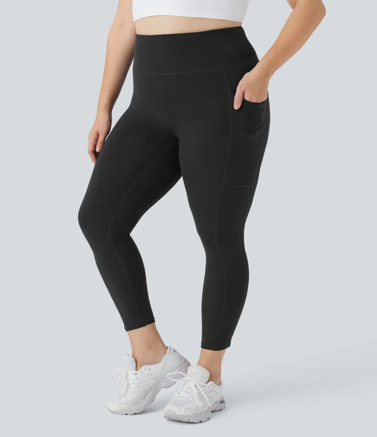 SoftlyZero™ High Waisted Double Pockets Plus Size Plain Yoga 7/8 Leggings-UPF50+
