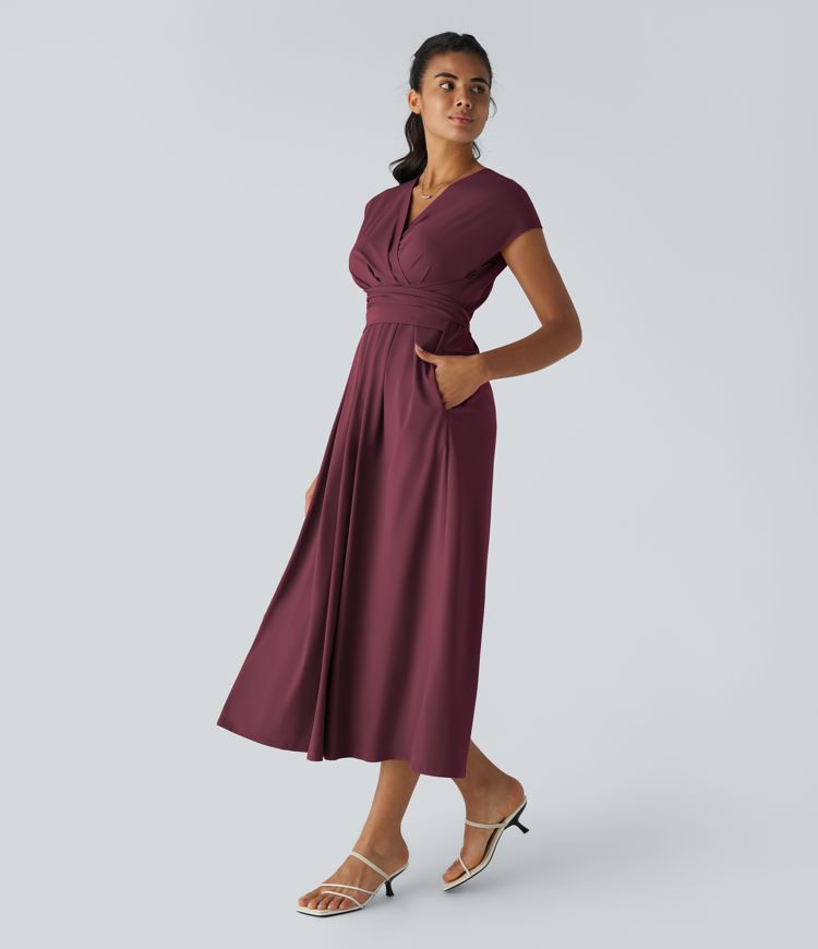 Breezeful™ V Neck Short Sleeve Side Pocket Tie Back Quick Dry Midi Casual Dress-Longer Length