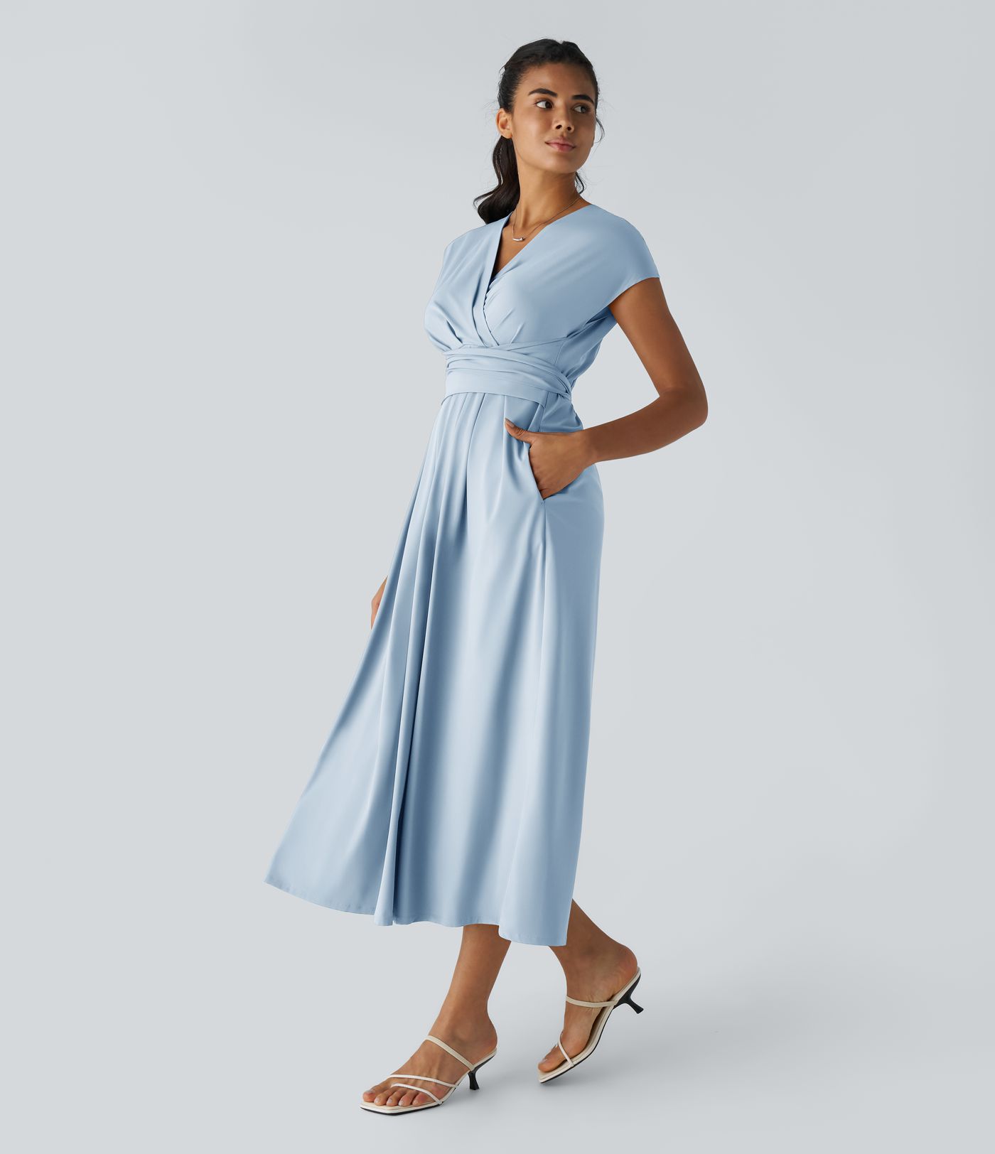 Breezeful™ V Neck Short Sleeve Side Pocket Tie Back Quick Dry Midi Casual Dress-Longer Length