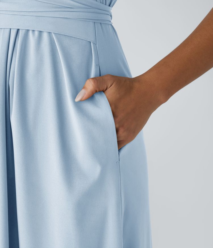 Breezeful™ V Neck Short Sleeve Side Pocket Tie Back Quick Dry Midi Casual Dress-Longer Length