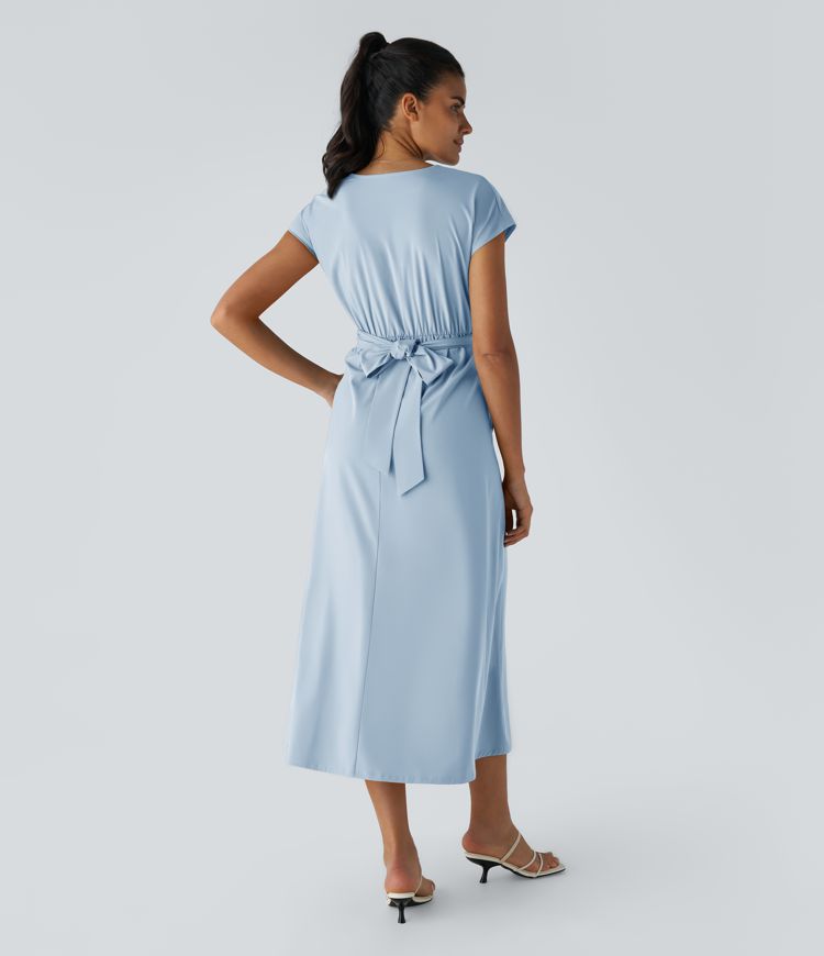 Breezeful™ V Neck Short Sleeve Side Pocket Tie Back Quick Dry Midi Casual Dress-Longer Length