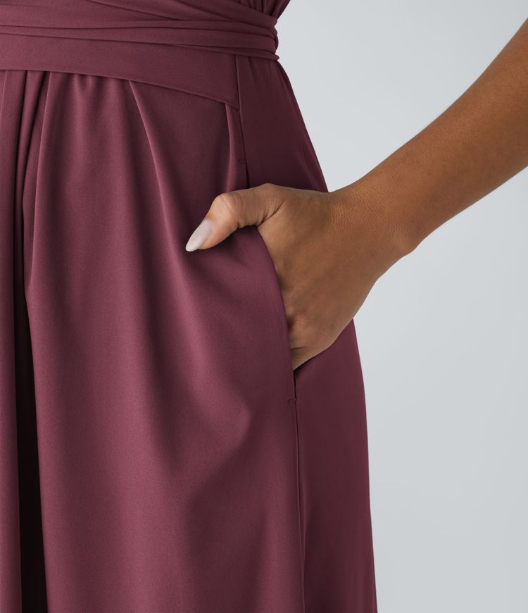 Breezeful™ V Neck Short Sleeve Side Pocket Tie Back Quick Dry Midi Casual Dress-Longer Length