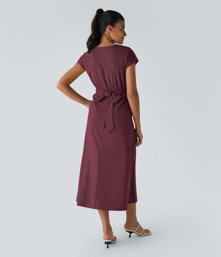 Breezeful™ V Neck Short Sleeve Side Pocket Tie Back Quick Dry Midi Casual Dress-Longer Length