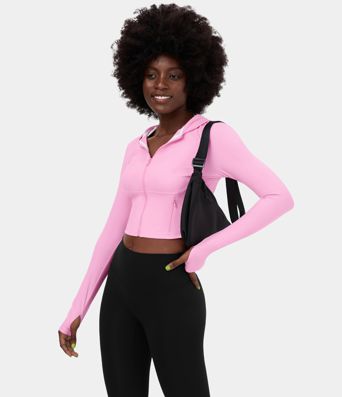 Softlyzero™ sudadera corta con capucha de estilo casual, sweatshirt deportiva con cremallera, bolsillo lateral y abertura para el pulgar