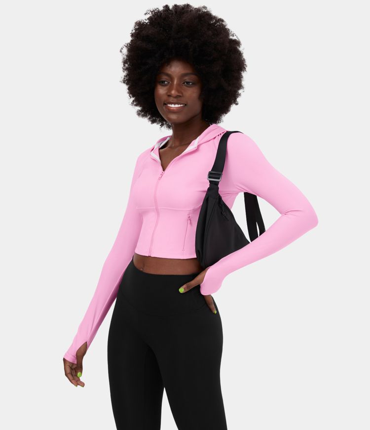 Softlyzero™ sudadera corta con capucha de estilo casual, sweatshirt deportiva con cremallera, bolsillo lateral y abertura para el pulgar