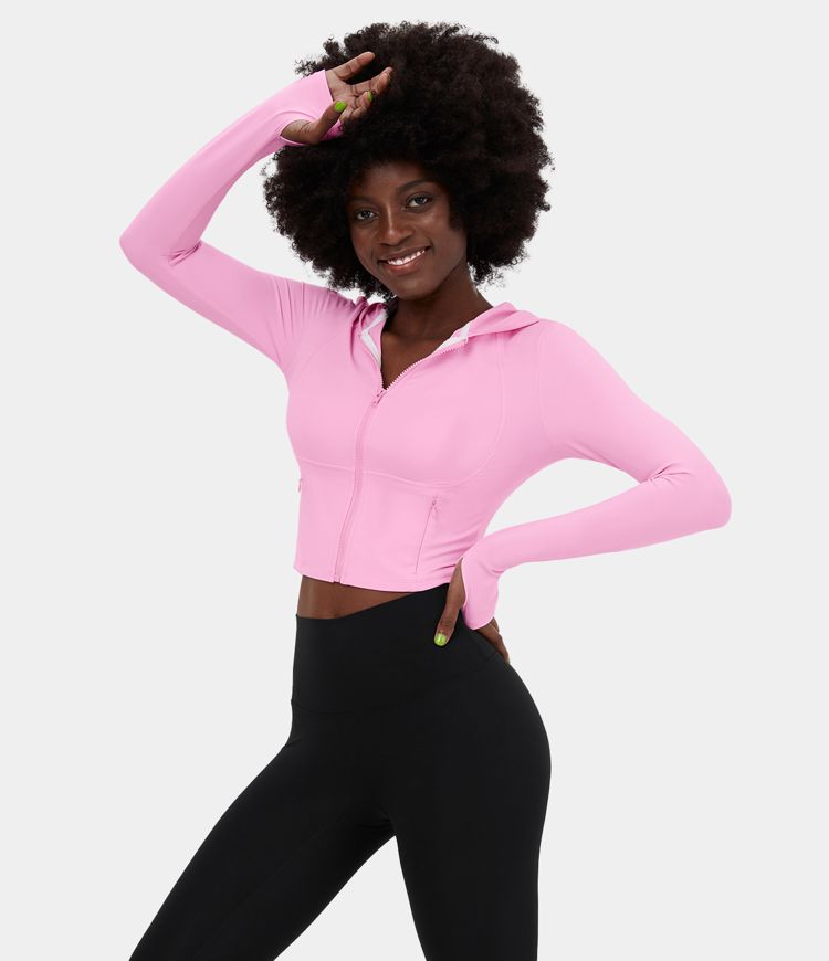 Softlyzero™ sudadera corta con capucha de estilo casual, sweatshirt deportiva con cremallera, bolsillo lateral y abertura para el pulgar