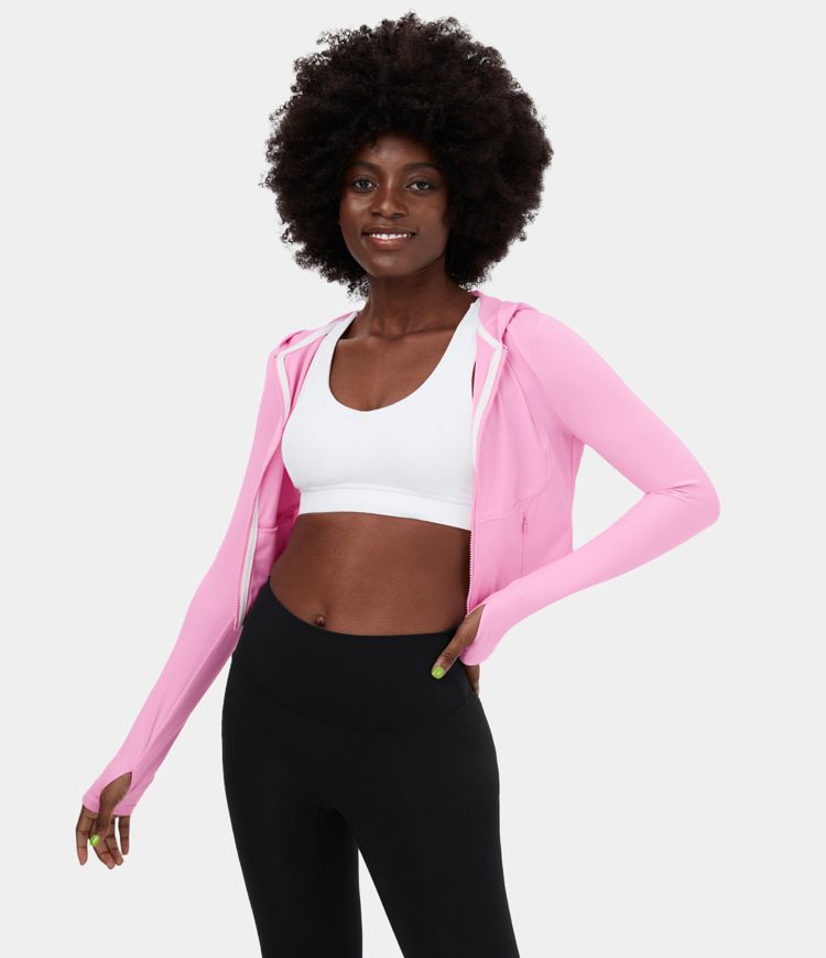 Softlyzero™ sudadera corta con capucha de estilo casual, sweatshirt deportiva con cremallera, bolsillo lateral y abertura para el pulgar