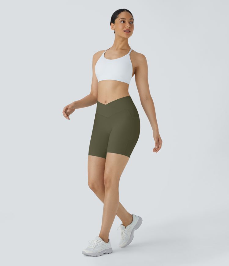SoftlyZero™ High Waisted Crossover Pocket Women Gym Running Yoga Biker Shorts 7"-UPF50+