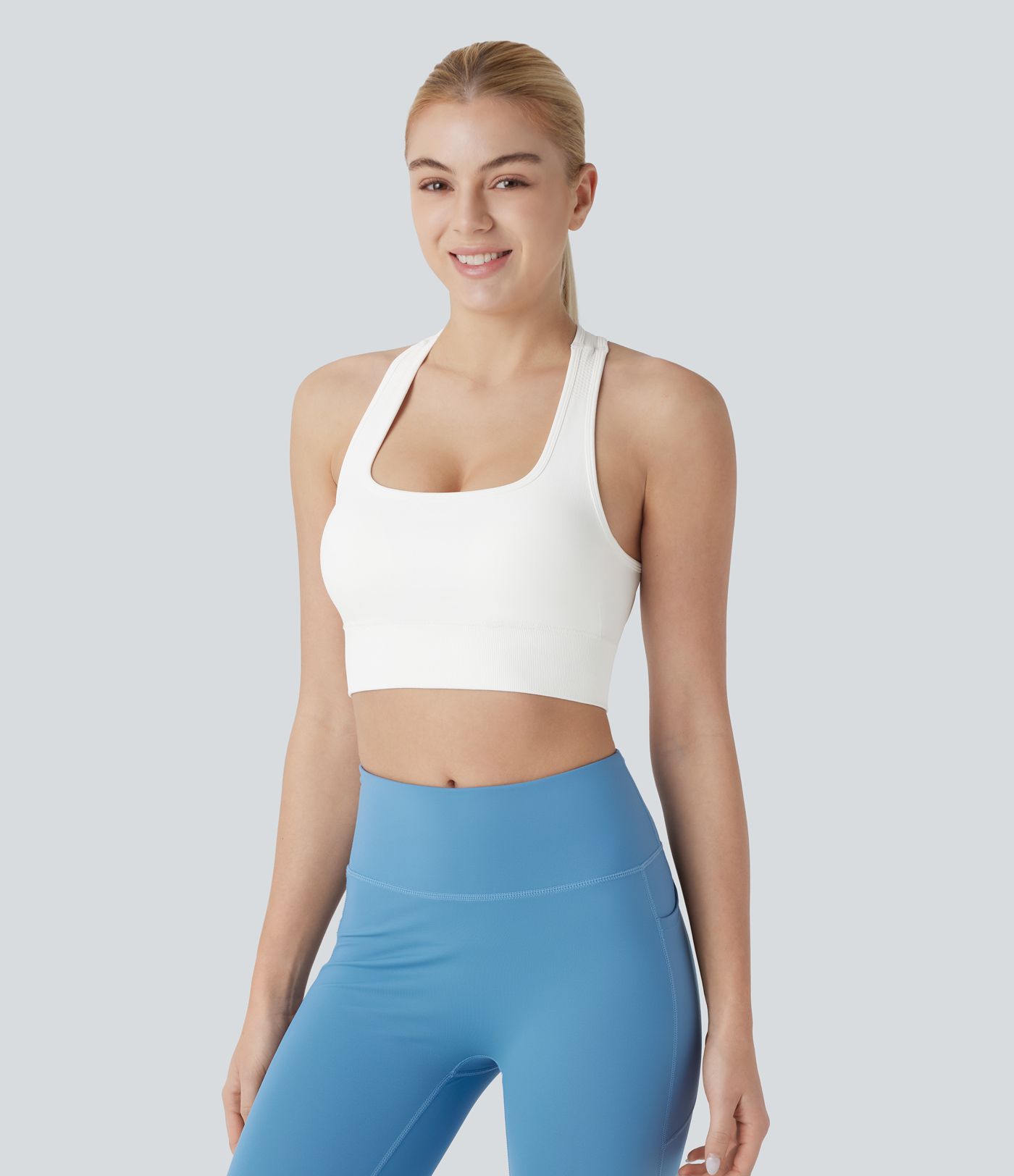 Camiseta sin mangas ajustada entrenamiento cuello cuadrado espalda cruzada hebilla ajustable