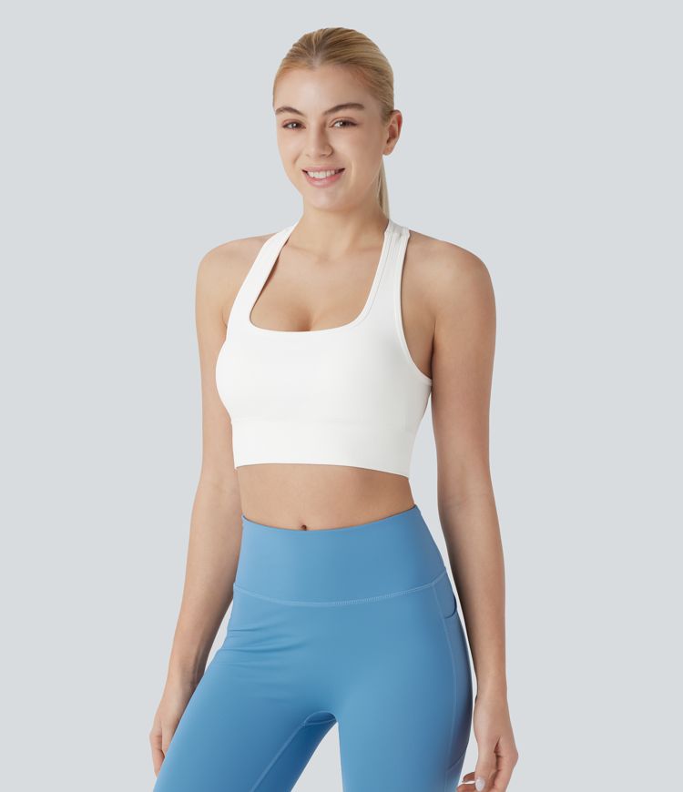 Camiseta sin mangas ajustada entrenamiento cuello cuadrado espalda cruzada hebilla ajustable