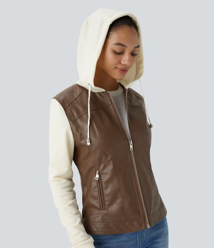 Hooded Drawstring Pocket Zipper Contrast Faux Leather Casual Jacket