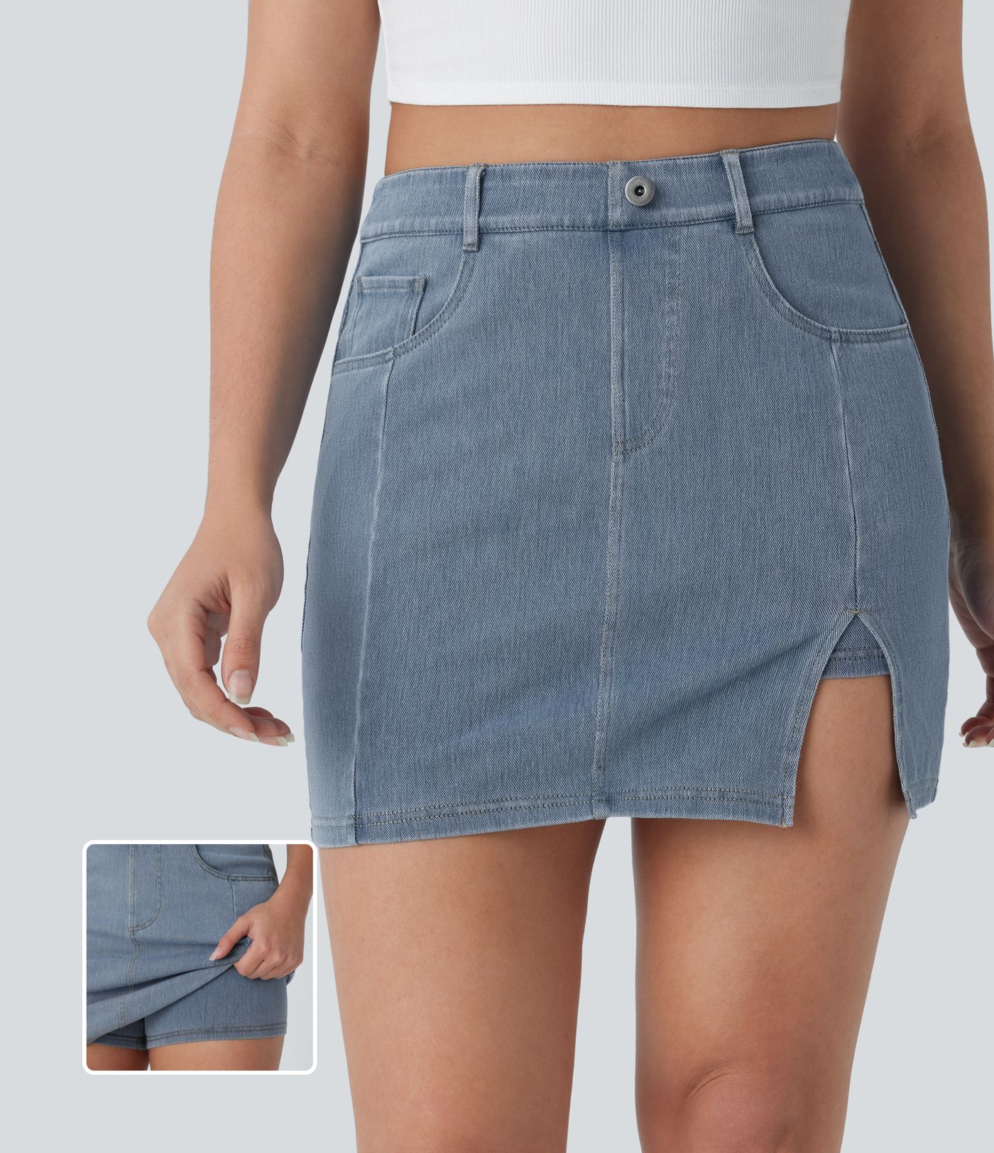 Halara Flex™ Jupe Mini décontractée en Jean Lavé à Taille Haute avec Poches 2-in-1