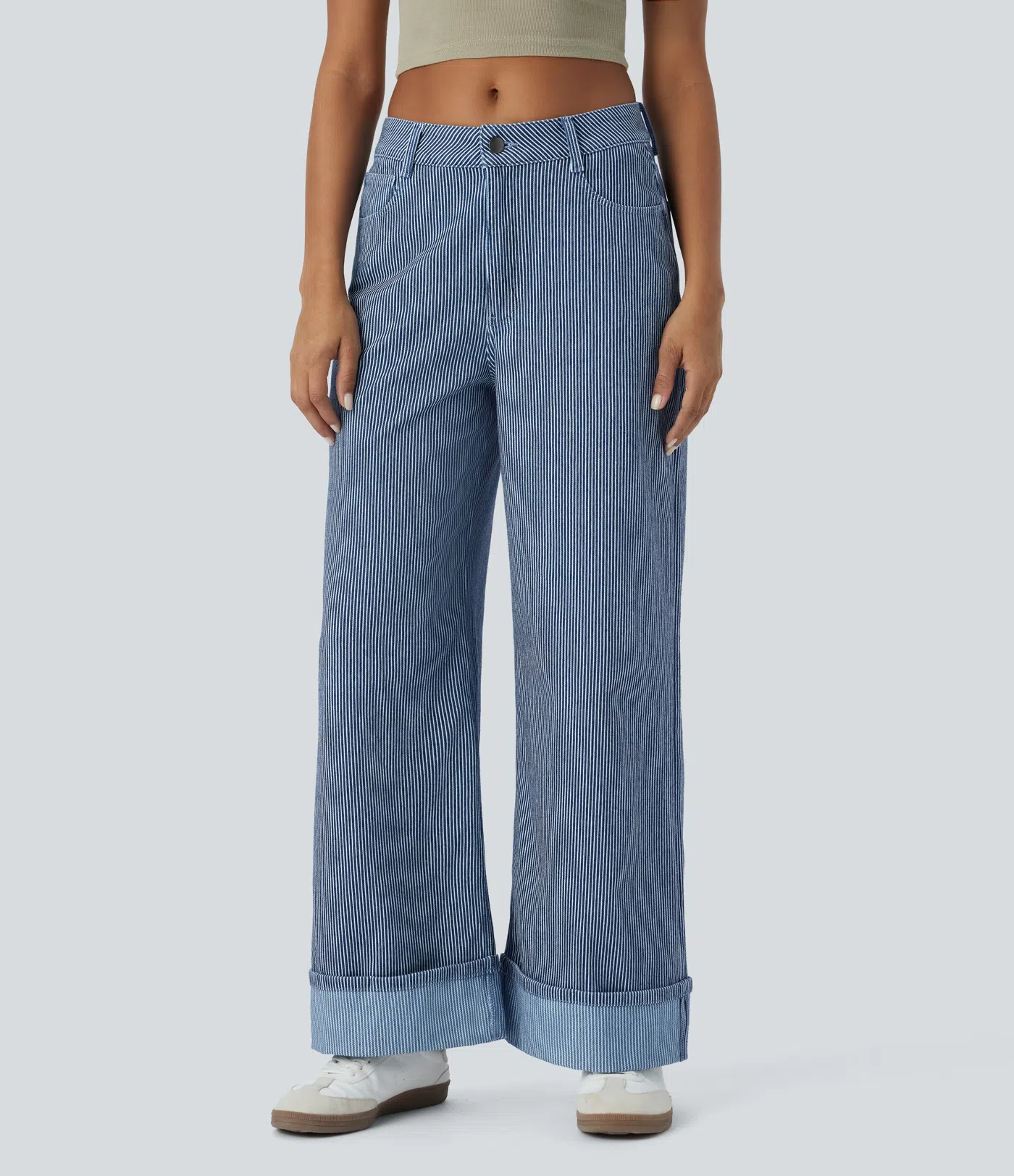 Halara Flex™ Mid Rise Multiple Pockets Rolled Hem Striped Washed Stretchy Knit Casual Baggy Wide Leg Jeans