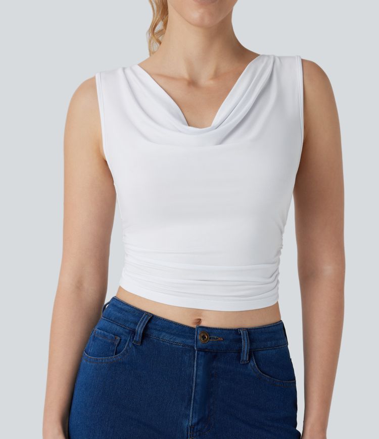 Cowl Neck Sleeveless Ruched Cropped Casual Top