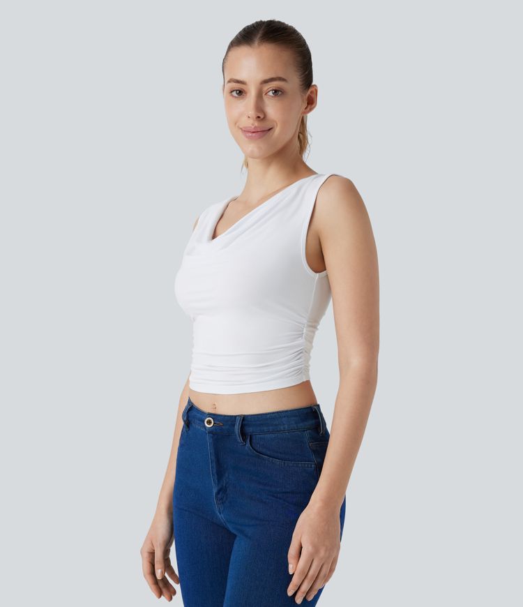 Cowl Neck Sleeveless Ruched Cropped Casual Top