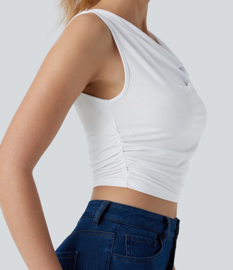 Cowl Neck Sleeveless Ruched Cropped Casual Top