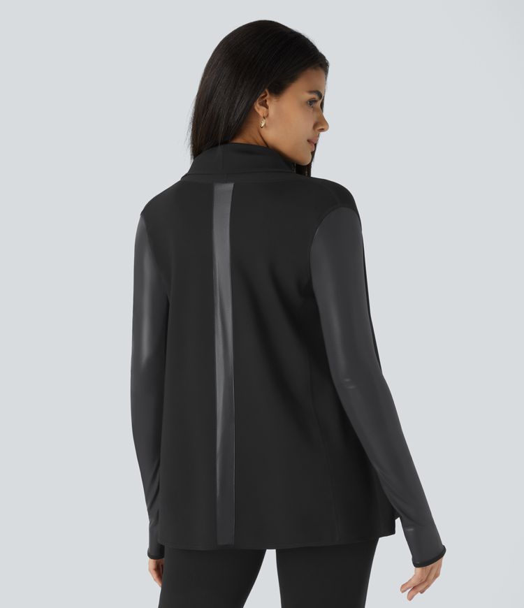 Patchwork work jacket with waterfall neckline, thumbholes, and side pockets