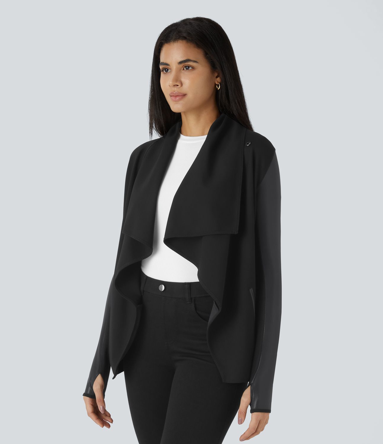 Patchwork work jacket with waterfall neckline, thumbholes, and side pockets