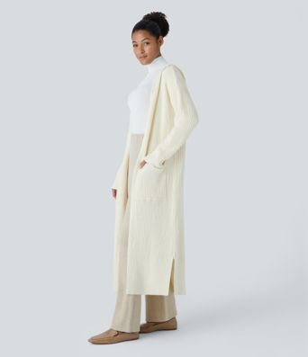 Geteilter Longline-Cardigan mit Kapuze, langen Ärmeln, Seitentasche