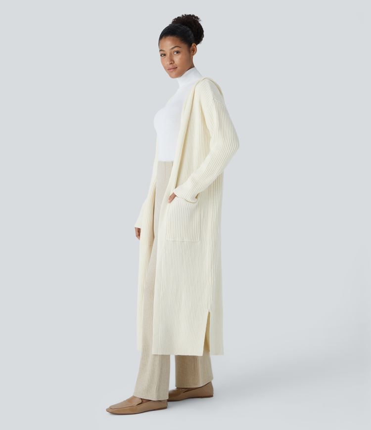 Geteilter Longline-Cardigan mit Kapuze, langen Ärmeln, Seitentasche