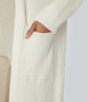 Geteilter Longline-Cardigan mit Kapuze, langen Ärmeln, Seitentasche