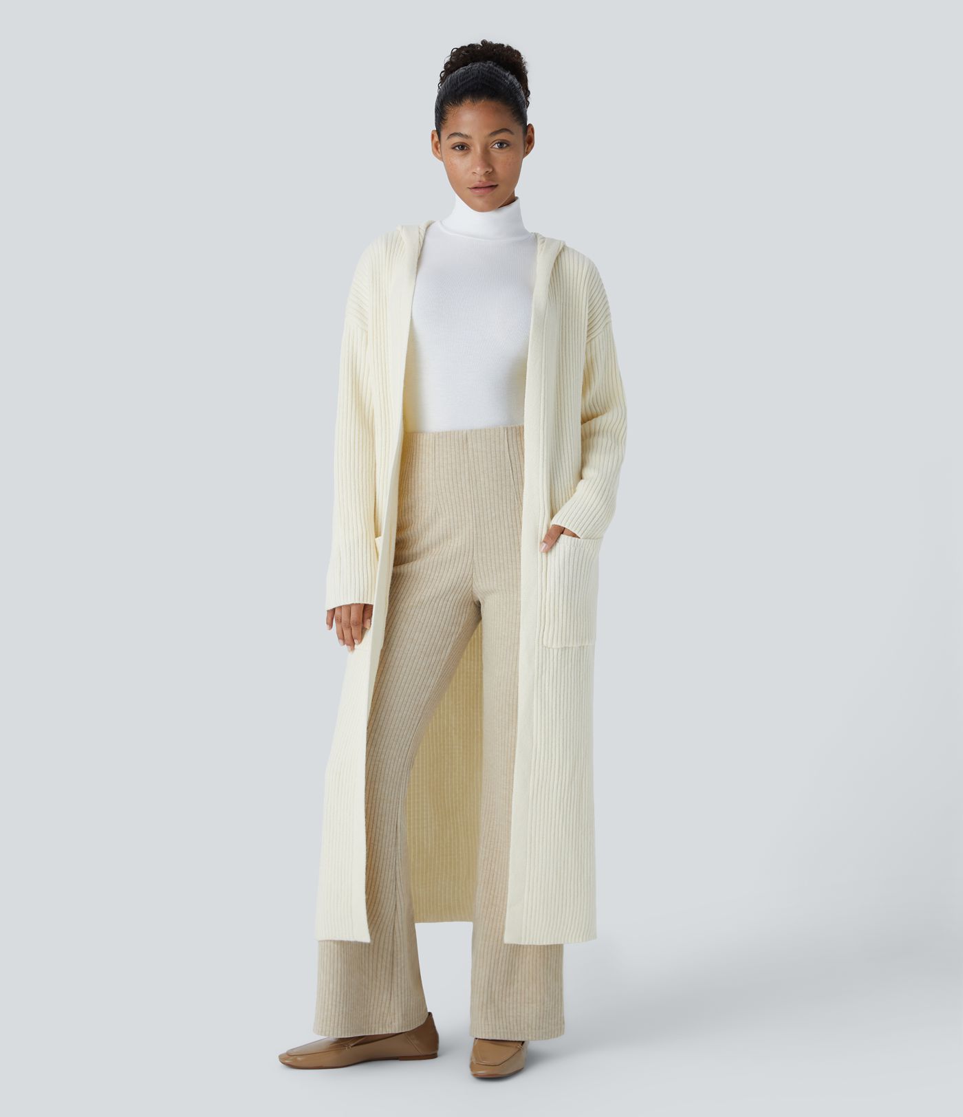 Geteilter Longline-Cardigan mit Kapuze, langen Ärmeln, Seitentasche