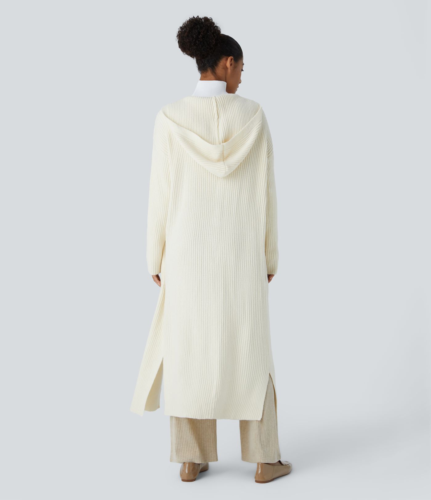 Geteilter Longline-Cardigan mit Kapuze, langen Ärmeln, Seitentasche