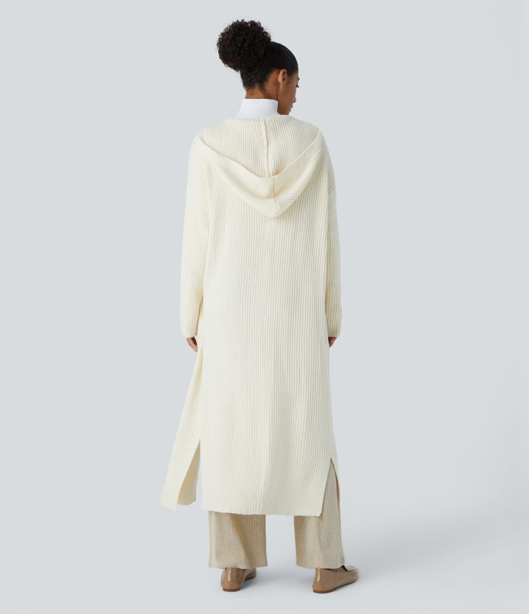 Hooded Long Sleeve Side Pocket Split Longline Casual Cardigan