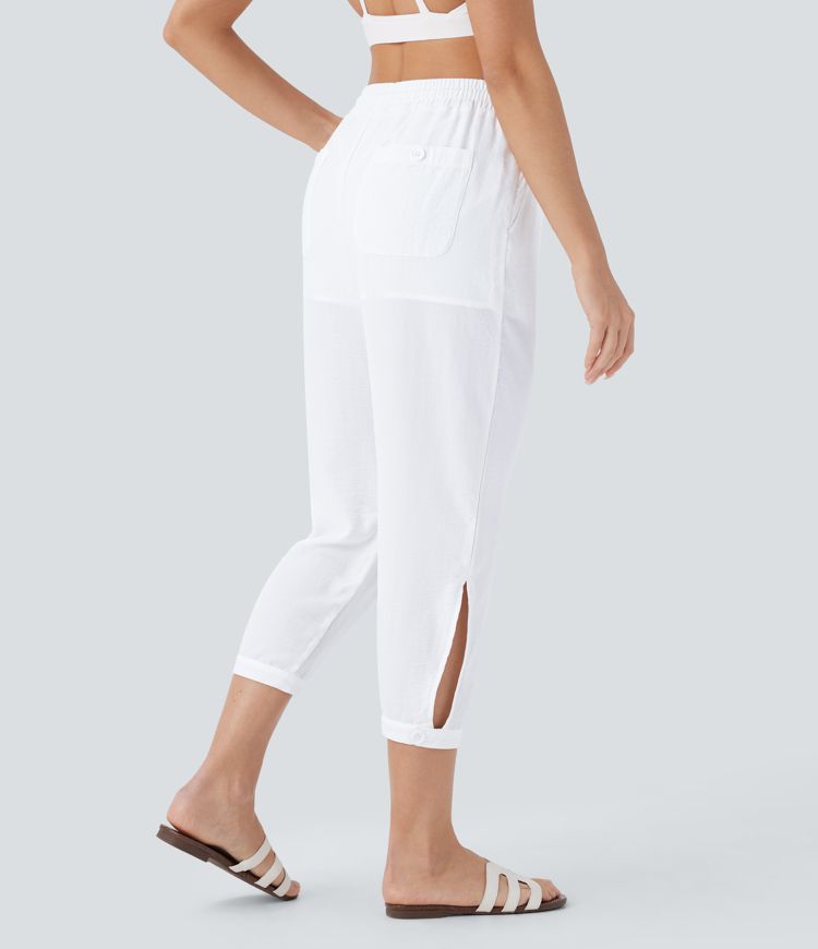 Pantalón capri lino tiro alto cordón ajustable bolsillo múltiple abertura