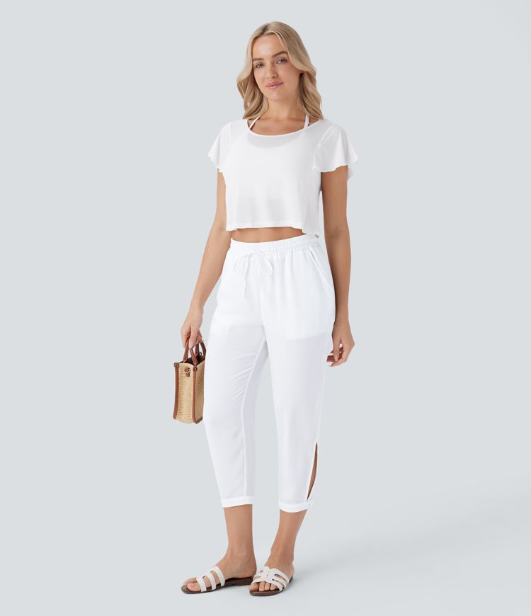 Pantalón capri lino tiro alto cordón ajustable bolsillo múltiple abertura