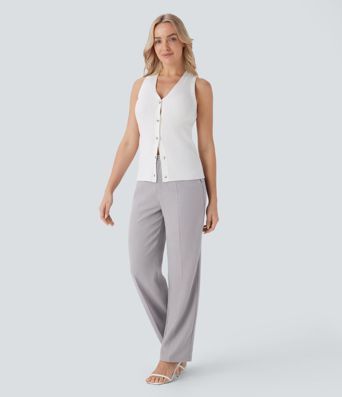 High Waisted Side Pocket Straight Leg Work Trousers