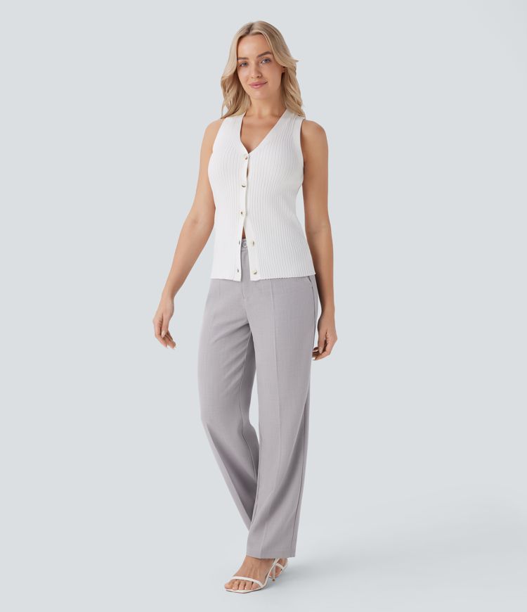 High Waisted Side Pocket Straight Leg Work Trousers