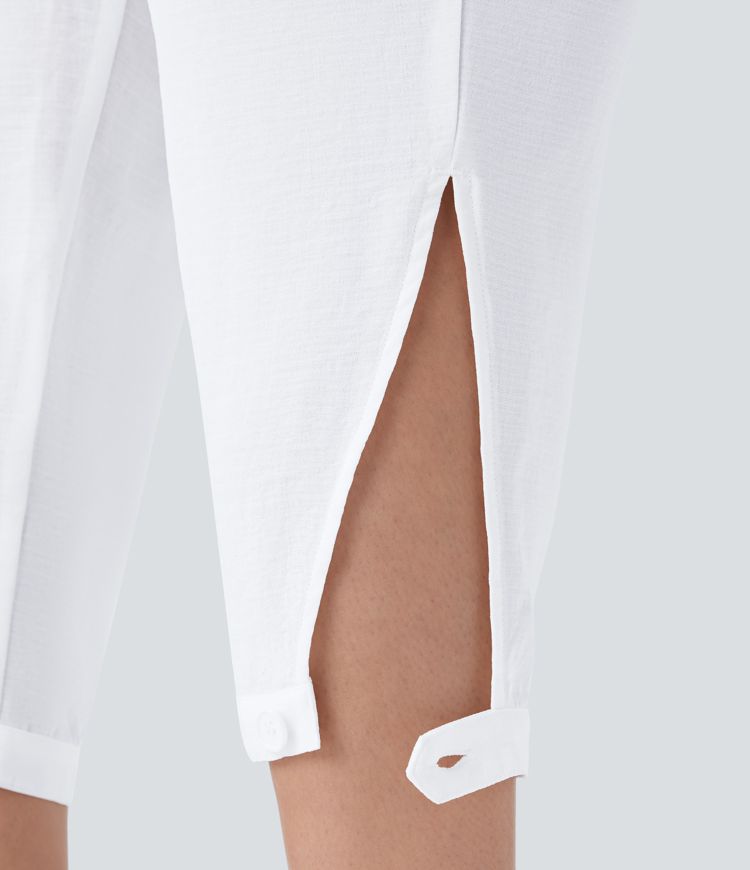 Pantalón capri lino tiro alto cordón ajustable bolsillo múltiple abertura