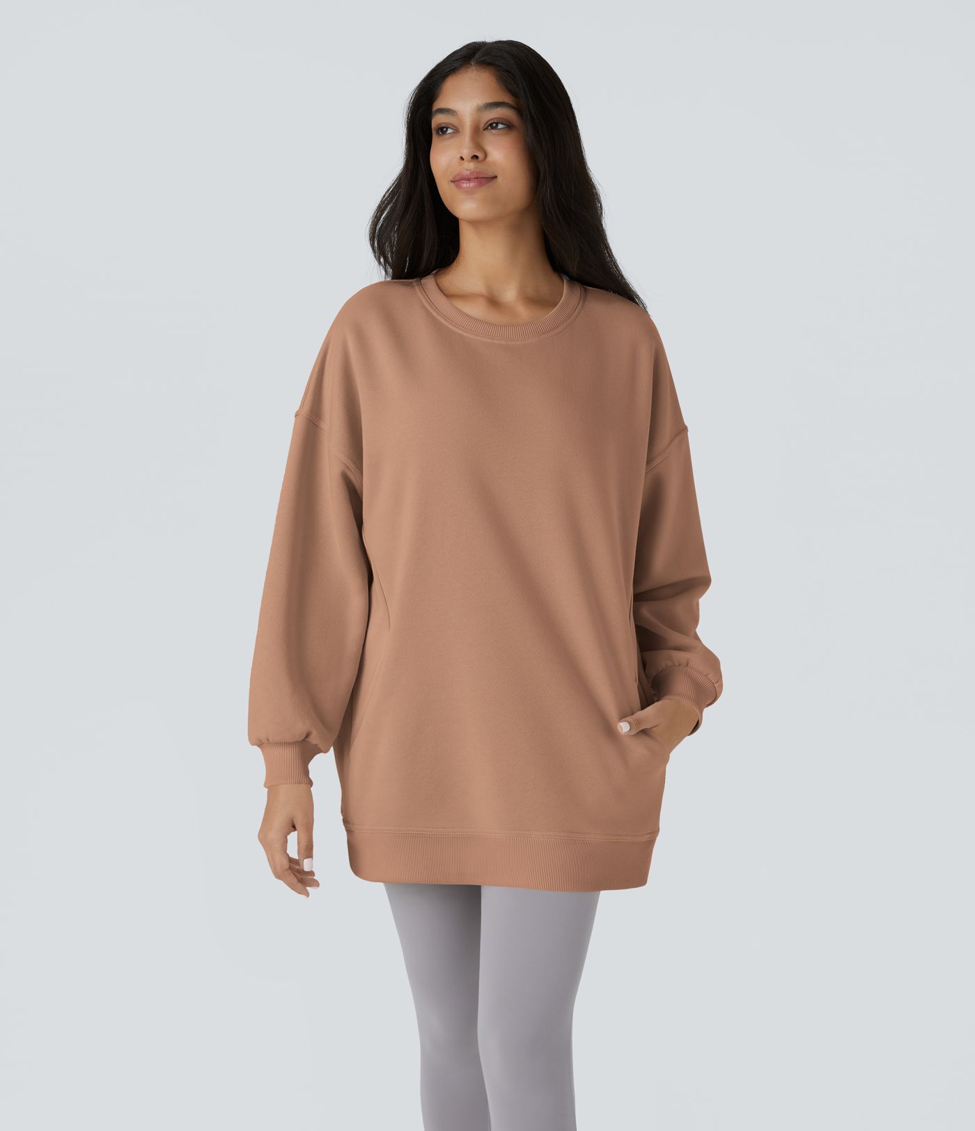 Long Sleeve Pocket Oversize Fleece Casual Women Crewneck Sweatshirt