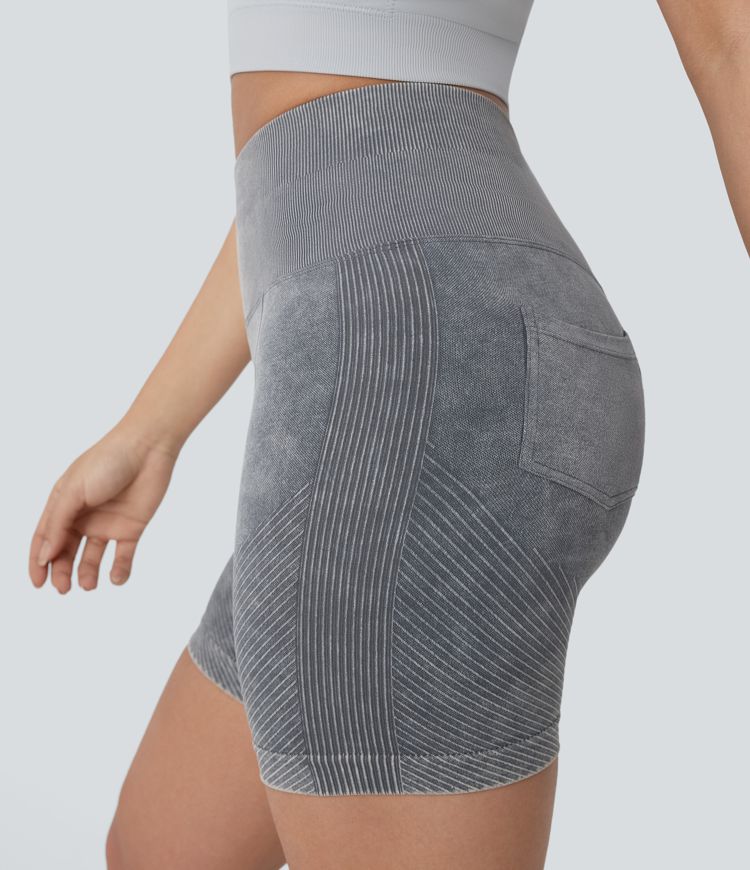 Pantalón corto yoga ciclista tiro alto lavado bolsillo trasero sin costuras 5.5''