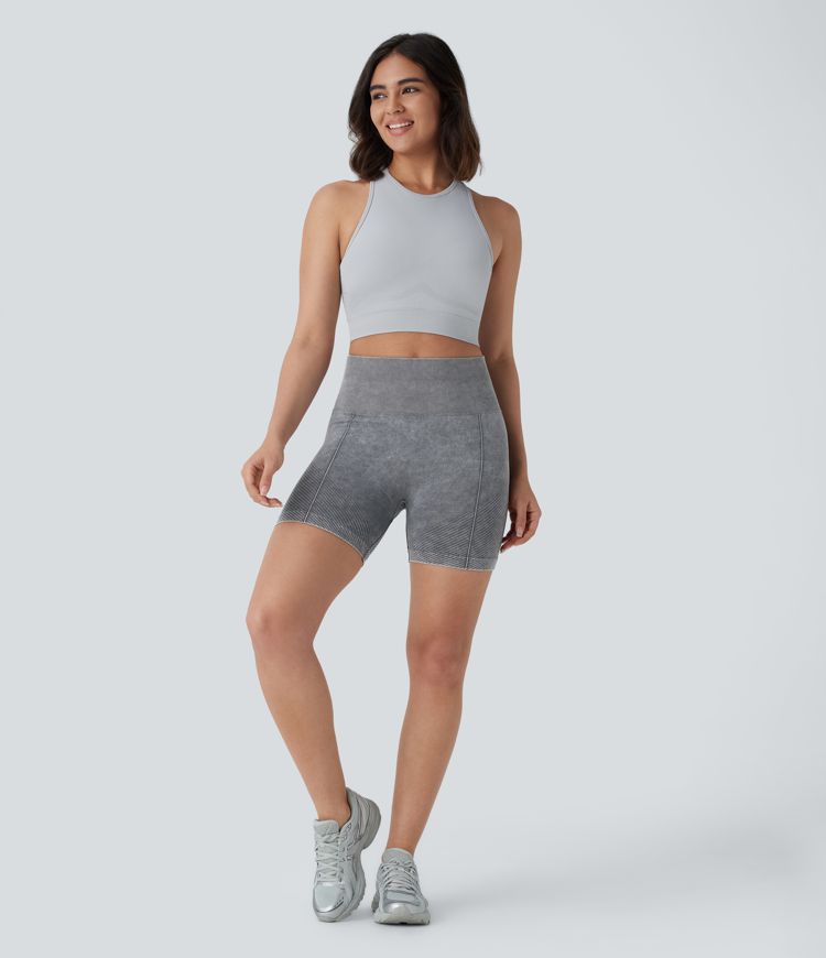 Pantalón corto yoga ciclista tiro alto lavado bolsillo trasero sin costuras 5.5''