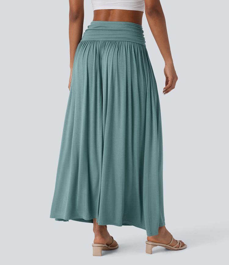 High Waisted Ruched Flowy Maxi Casual Skirt