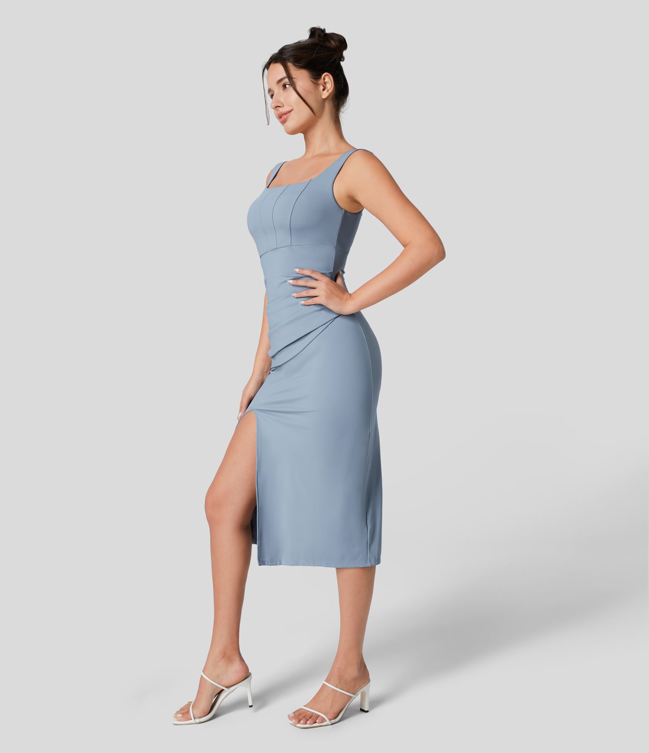 Softlyzero™ Airy Square Neck Backless Corset Ruched Split Bodycon Midi  Bridesmaid and Wedding Guest Dress