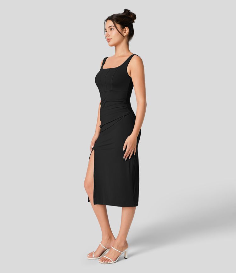 Softlyzero™ Airy Square Neck Backless Corset Ruched Split Bodycon Midi  Bridesmaid and Wedding Guest Dress