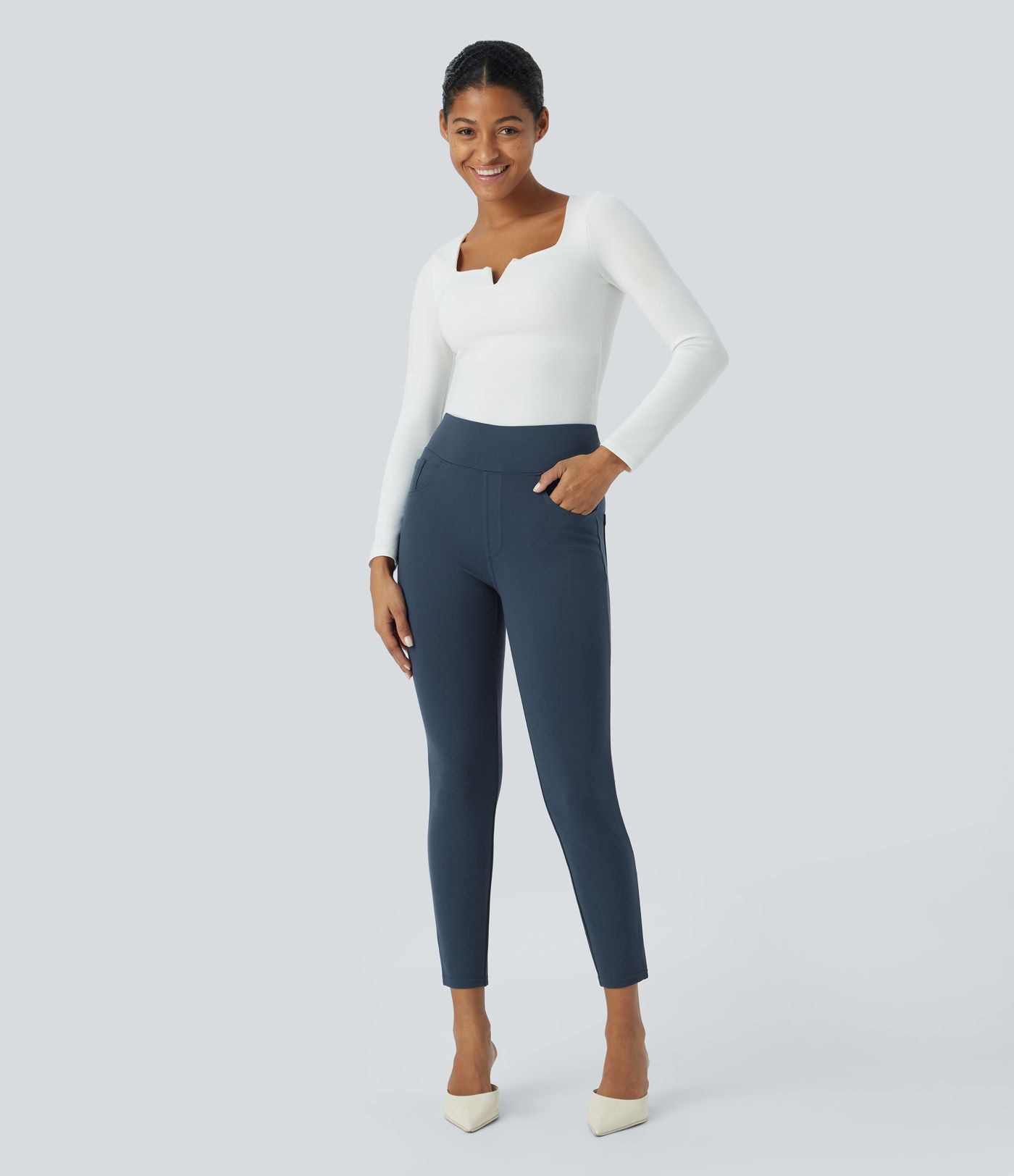 High Waisted Multiple Pockets Skinny 7/8 Work Pants