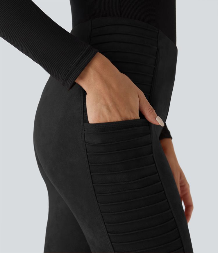 Legging gainant en suédine à taille haute avec fronces et poches latérales