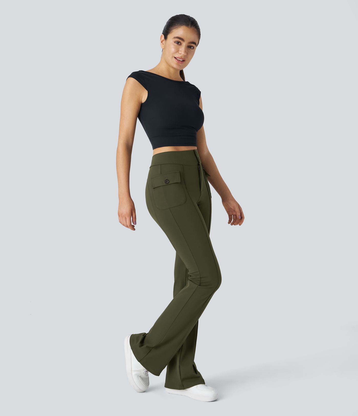 SculptKnit High Waisted Side Flap Pocket Flare Casual Cargo Pants