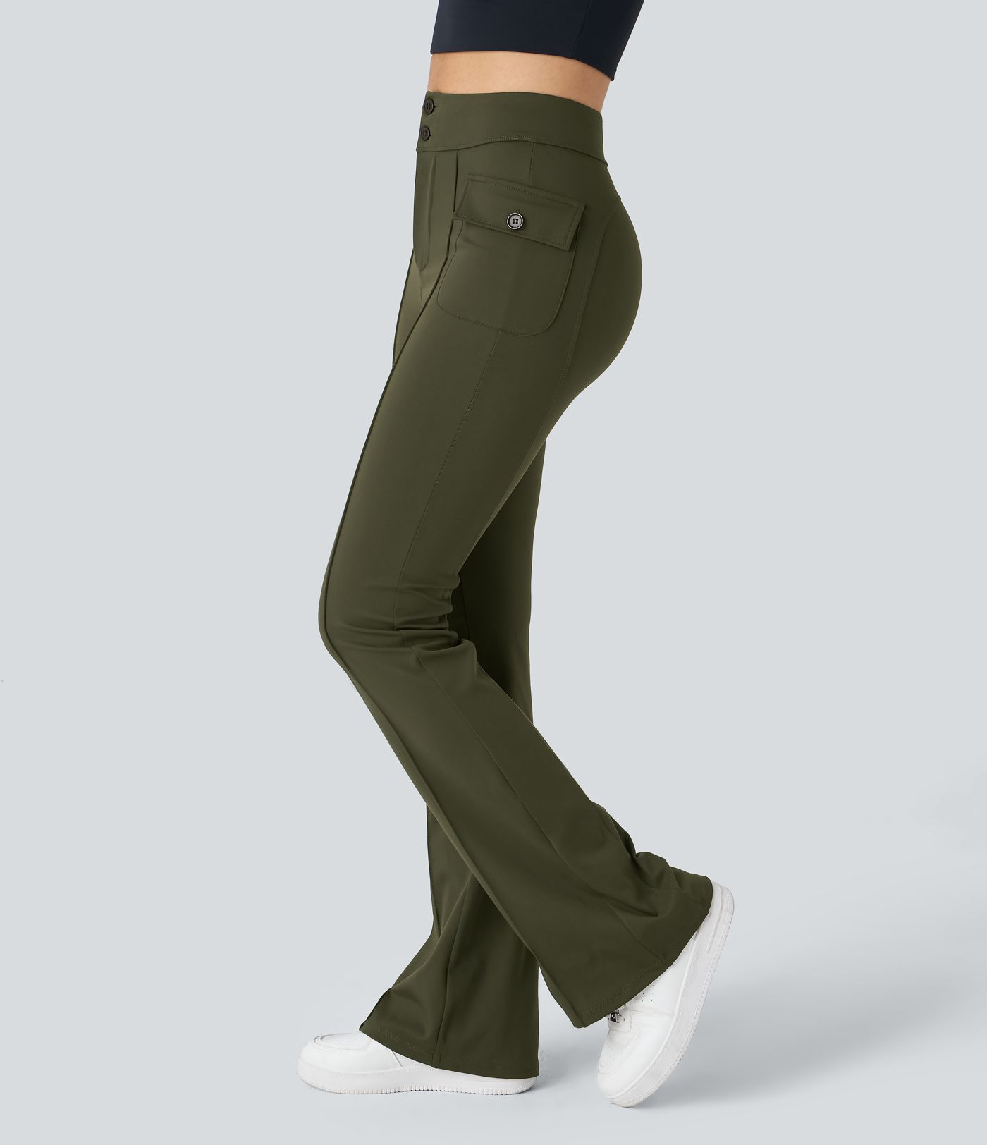 SculptKnit High Waisted Side Flap Pocket Flare Casual Cargo Pants
