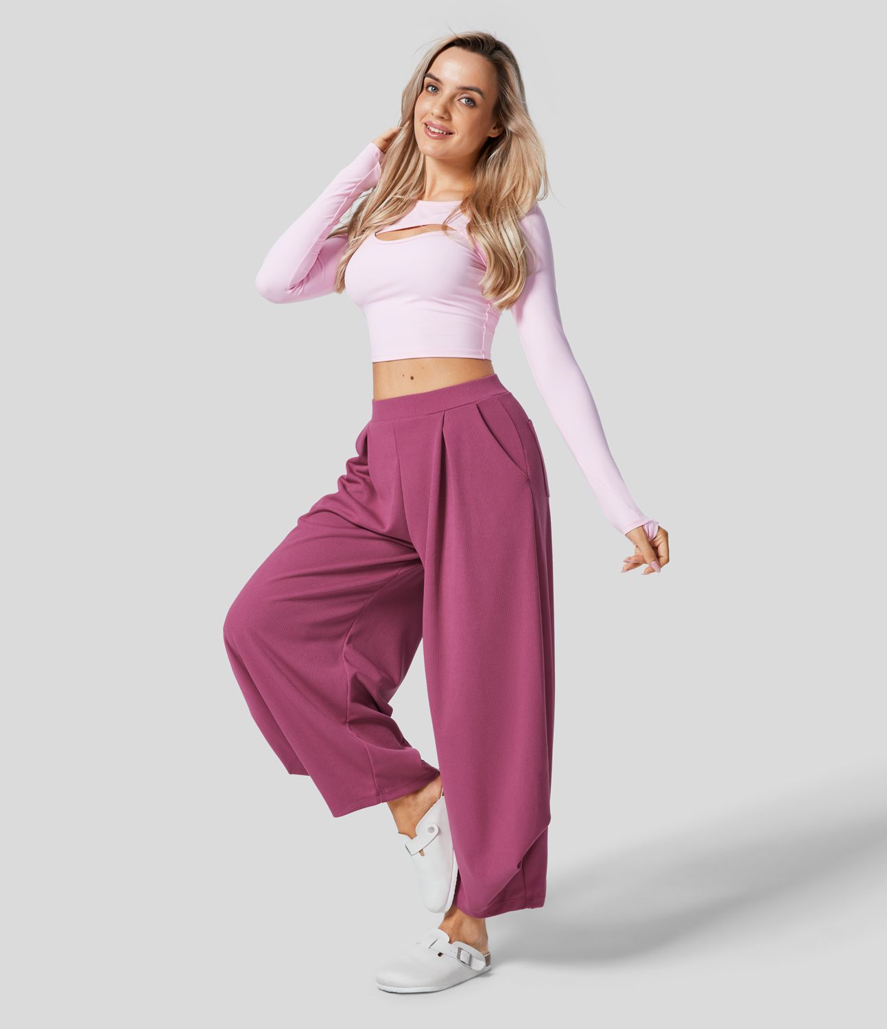 Ribbed High Waisted Pockets Solid Casual Harem Pants
